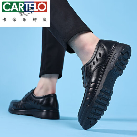 CARTELO 2025 trendy and versatile men's hollow hole shoes men's trendy casual breathable leather sandals formal leather shoes toe bag men's shoes 6627-2 hollow black 40