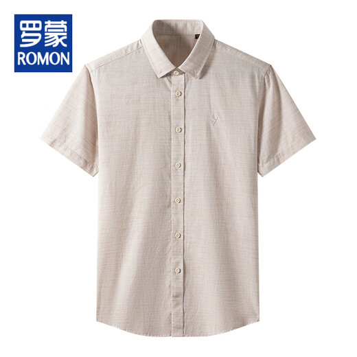 ROMON men's shirt cotton and linen breathable brand withdrawal of the bidding tail goods summer casual shirt solid color short-sleeved linen men's top Khaki S 165/84A/3895-105Jin[Jin equals 0.5 kg]
