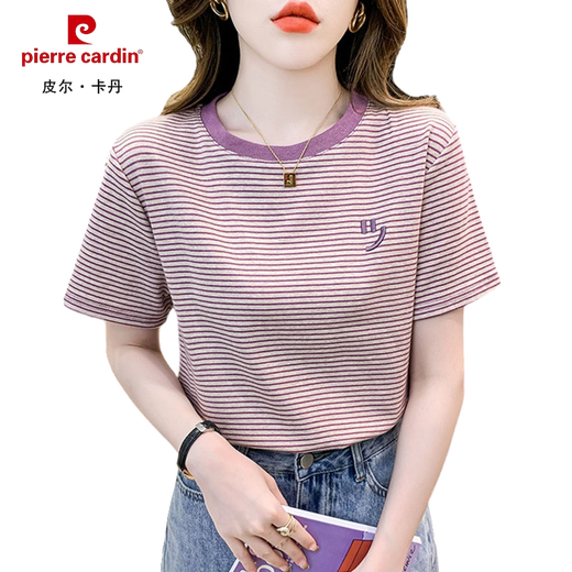 皮尔卡丹（pierre cardin）条纹短袖t恤女宽松韩版女装2025年夏季新款百搭体恤圆领半袖上衣 紫色 9928 M 建议95-105斤