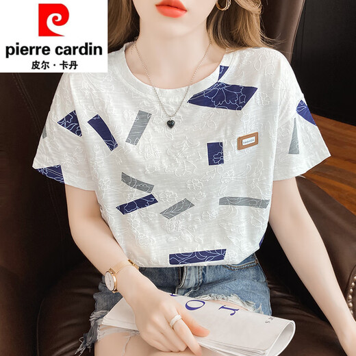 Pierre cardin ice silk short-sleeved T-shirt for women's summer thin style 2025 new European pure cotton top fashionable shirt for women summer 810 blue square + 897 three-color flower S recommended 95 Jin [Jin equals 0.5 kg]