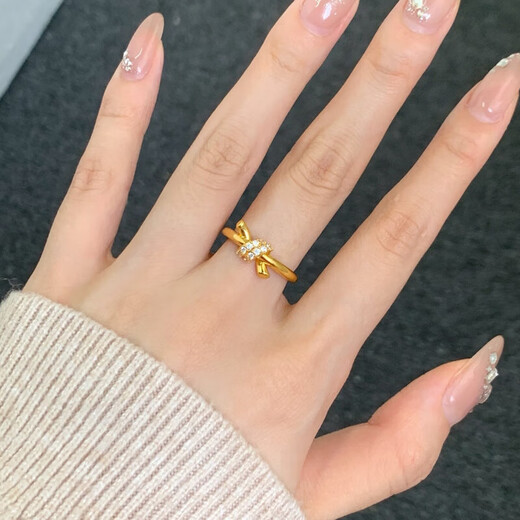 Zhou Dalong bow gold ring 999 pure gold rope knot solid ring women's ring water shell new style birthday gift for girlfriend 16# gold about 1.7 grams more refund less compensation