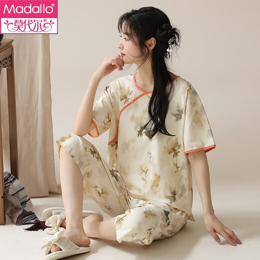 莫代尔女士短袖睡衣套装夏季新中式国风棉家居服七分裤夏天薄款可外穿 LZY9901 M (建议75-95斤)