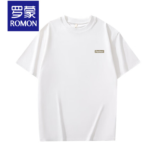 罗蒙（ROMON）重磅新疆棉纯棉夏季美式圆领短袖t恤男款日常宽松休闲潮牌短袖男T 白色-1365短袖-100%纯棉 S 【建议90-115斤】
