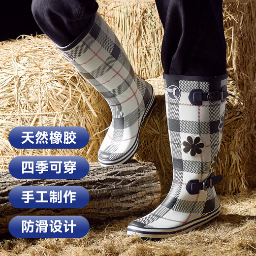 EVERCREATURES英国雨鞋惠灵顿雨靴防滑水鞋女 时尚雨鞋橡胶格子印花高筒 女款 格子高筒 38