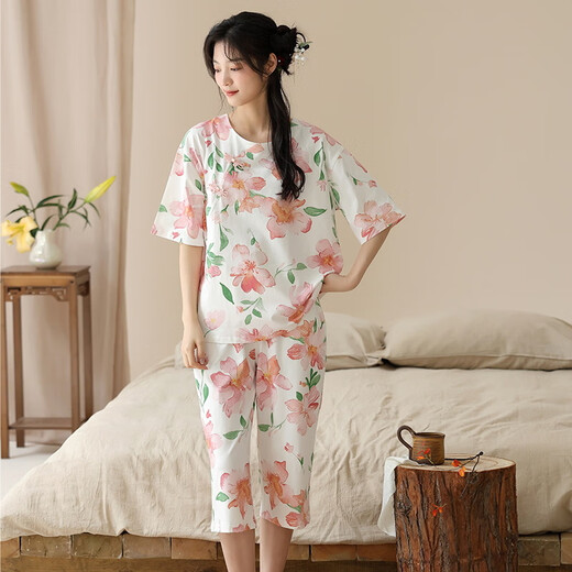 Langsha Neuer chinesischer Pyjama für Frauen im Sommer Nachahmung Baumwolle Kurzärmel 2025 Chinesische Stil Falten Sie lässig Lose Home Clothing 9905 m