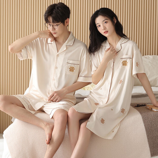 
Yalu couple pajamas summer thin ice silk 2025 new cardigan short-sleeved home clothing sense men's large-size suit L6210 ice silk skirt cover 3XL women's XL+ men