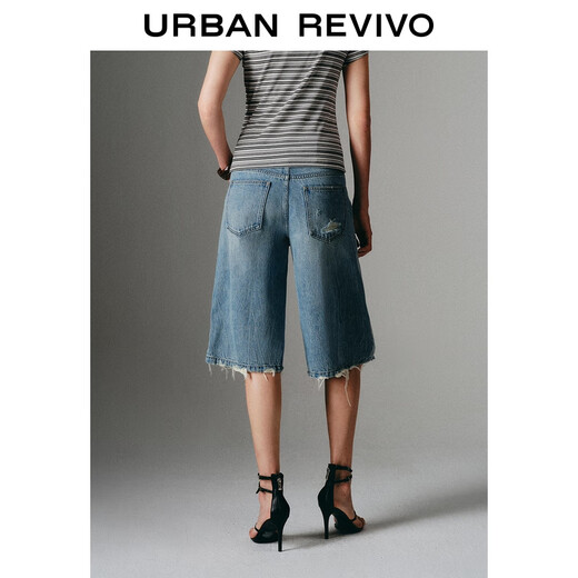 
UR2025 summer new women's clothing retro washing whisker casual cropped jeans UWJ850038 blue 26