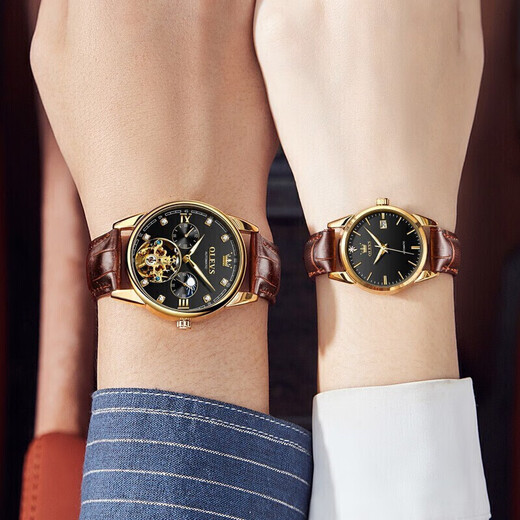 Le couple certifié OLEVS Swiss regarde une paire de montres mécaniques entièrement automatiques Hollow Veol Veil lumineux imperméables hommes et femmes Regardez la version améliorée améliorée 3601 + 6629 en cuir marron noir