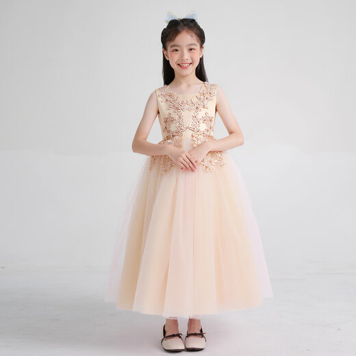 Carrot Beibei Children's Princess Dress Puffy Mesh Dress Skirt Girls Long Wedding Dress Piano Performance Costume Champagne 170
