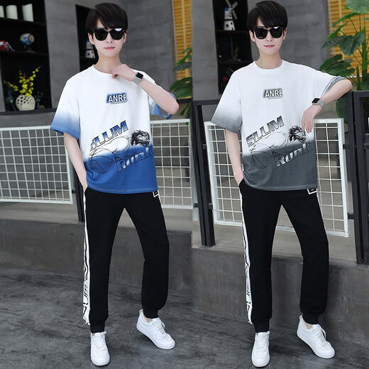 Zhaoxun 12-15-year-old boy T-shirt suit 13 junior high school students short-sleeved T-shirt fat boy handsome summer suit 14 big boys 9226 white and blue (short sleeves + long trousers) S 160 (60-75 Jin [Jin equals 0.5 kg])