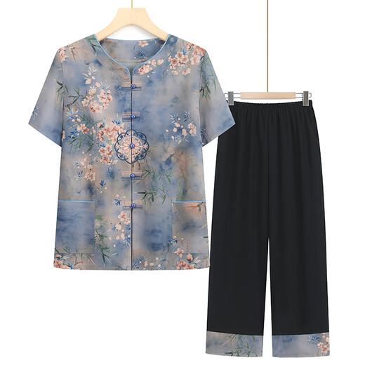 京功老年人衣服奶奶款70-80岁夏季短袖套装女妈妈衬衫两件 6626绿色(套装) 3XL [建议115-130斤]