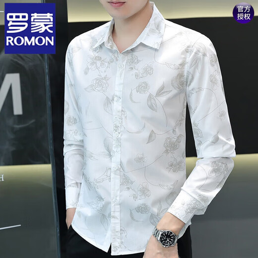 罗蒙（ROMON）印花衬衫男长袖青年花卉图案棉薄款修身时尚痞帅休闲碎花衬衣潮 723蓝色 M 80-104斤