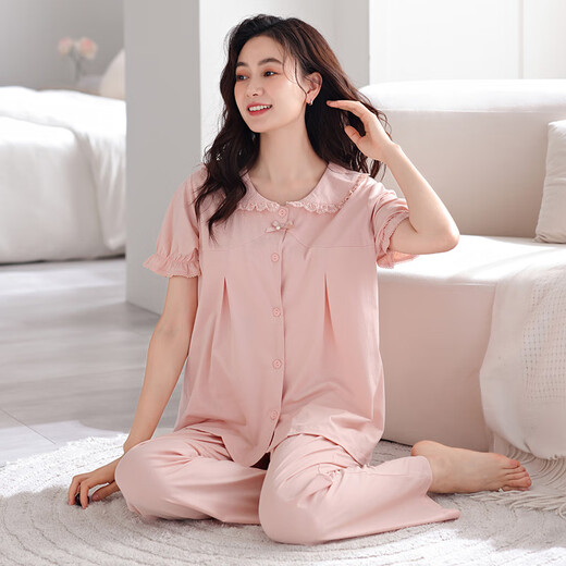 Levier pajamas with chest pad for women for summer cotton short sleeves 2025 new women's summer thin princess style sweet home clothes 695 tender green (with chest pad/cropped pants) M [Suggested 80-100Jin [Jin equals 0.5 kg]]