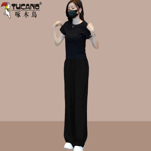 Atuendo de verano de carpintero con un conjunto completo de camisetas delgadas fritas en la calle, pantalones de patas anchas de seda de hielo, juego de dos piezas para mujeres, pantalones negros m (recomendado 100 Jin [Jin iguala 0.5 kg])