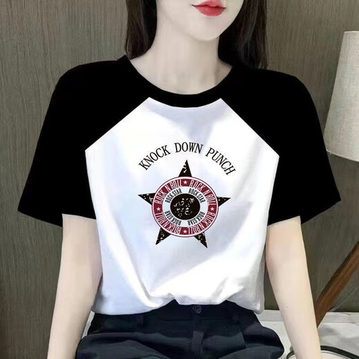 xcfreht短袖t恤女插肩袖拼接夏季2025新款学生百搭宽松胖mm正肩上衣 a-9923 M