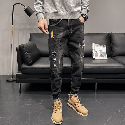 AEXMERE Men's Ripped Jeans Summer Brand Trendy Brand Slim Feet 2025 Nouveau été 6636 noir + 6633 noir 36