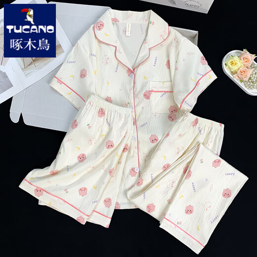 
Woodpecker three-piece pajamas for women in summer 2025 new thin women summer cloud cotton short-sleeved short-sleeved trousers can be worn outside 9922# cloud cotton three-piece set M [70-95]Jin[Jin equals 0.5 kg]