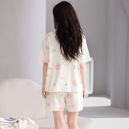
Fenten pajamas for women's summer thin pure cotton short-sleeved large size loose outdoor home clothing set Apricot color L