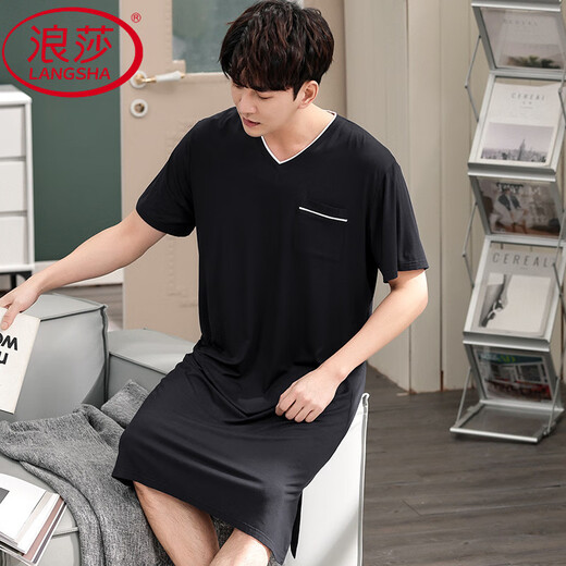 Langsha Men's Nightgown Summer New Style Modal Pyjamas Plus taille à manches courtes en V lâche peut être portée à l'extérieur avec des vêtements de grande taille SMH [844 noir] 2xl