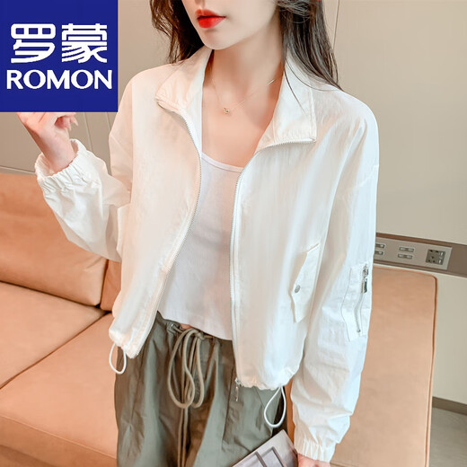 罗蒙（ROMON）2025春夏季新款美式抽绳工装短款薄款夹克开衫防晒外套小个女修身 白色 S 建议80-95斤
