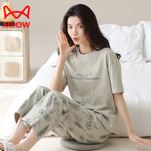 Catman (MiiOW) pajamas for women in summer pure cotton short-sleeved trousers thin cotton summer ladies home clothing suit spring and autumn YZT9712 short.sleeved long.trousers M 80-100Jin [Jin equals 0.5 kg]