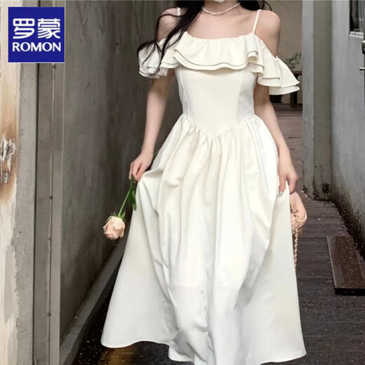 罗蒙一字肩吊带连衣裙女设计感小众夏季2025新款法式温柔初恋收腰裙子 1098# M 建议90-100斤