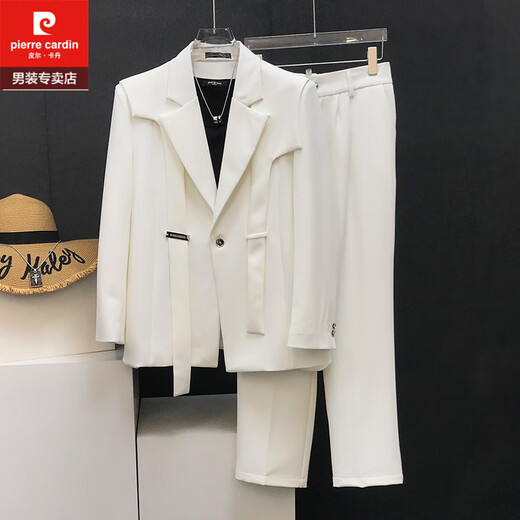 Pierre Cardin Korean streamer design blazer men's Korean style versatile high-end casual splicing suit white DK25 suit + pants XL 145-158Jin Jin equals 0.5 kg
