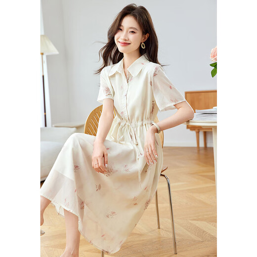 
OLJ light luxury brand dress for women 2025 summer new high-end shirt collar fashionable chiffon skirt picture color XL 115-125Jin[Jin equals 0.5 kg]