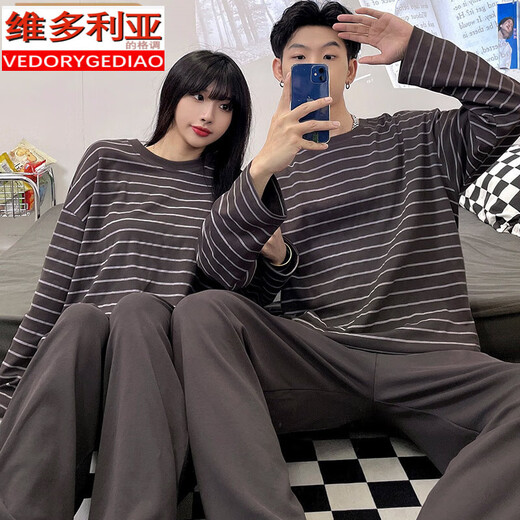 Victoria's style couple pajamas for spring and autumn new long-sleeved cotton men and women casual striped home clothes two-piece set #XF-15567 M women [75-100]Jin[Jin equals 0.5 kg]