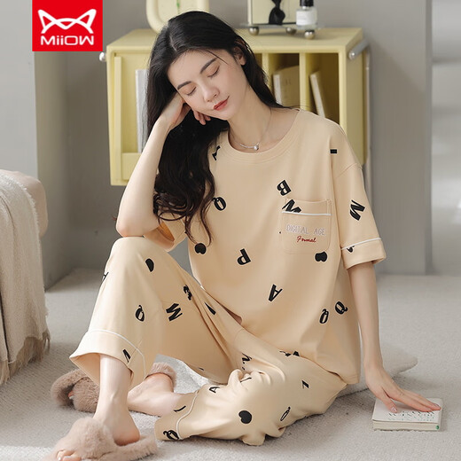 Catman (Miiow) Pyjamas en coton pur pour femmes en été à manches courtes pantalons sportifs de sport et décontracté peut être porté à l'extérieur de la maison de vêtements de printemps T-9855 (costume court) M (80-100jin [Jin est égal à 0,5 kg]))