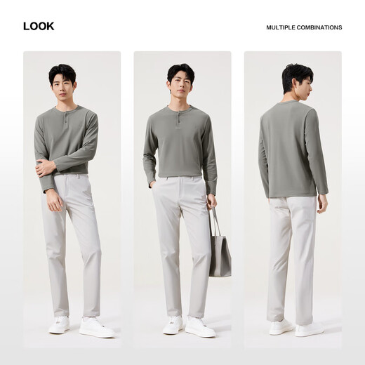 Qipai waffle/henry collar long-sleeved autumn fashionable, casual, comfortable and versatile T-shirt