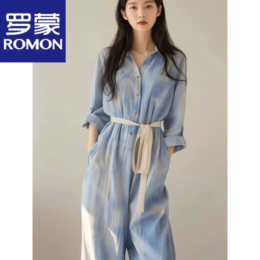 罗蒙（ROMON）简约通勤2025年夏季新款宽松显瘦撞色百搭系带卷边袖衬衫连体裤女 蓝色连体裤 S 80-95斤