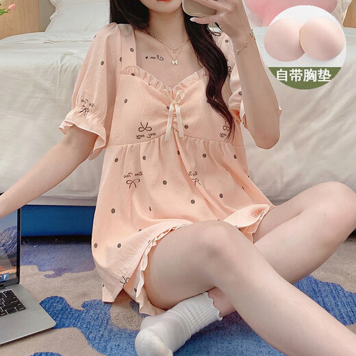 HKZN睡衣女带胸垫大码200斤胖mm夏季短袖甜美公主风可外穿家居服套装 XX-C897#长袖-彩色圆点带胸垫 XL 建议115-130斤