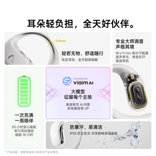 IFlytek Open AI Ear-mounted Wireless Bluetooth Headset Air 2, Mist Black, Sports Intelligent Translation and Noise Reduction, Ultra-Long Battery Life, Compatible with Apple, Huawei, and Xiaomi