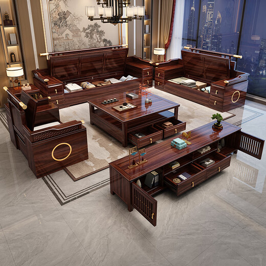 Jiangcheng New Chinese Solid Wood Sofa Combination Winter and Summer Ebony Wood High Box Storage Living Room Complete Furniture B611#