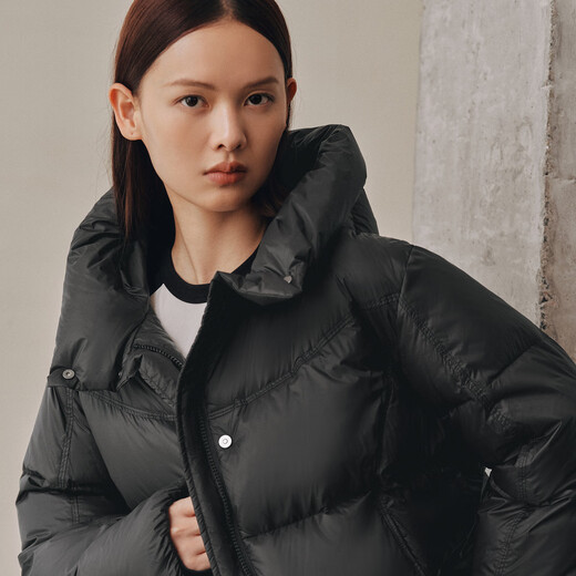 太平鸟【热气球】女装连帽泡芙花苞长羽绒服冬保暖外套 曜石黑【短款】 M