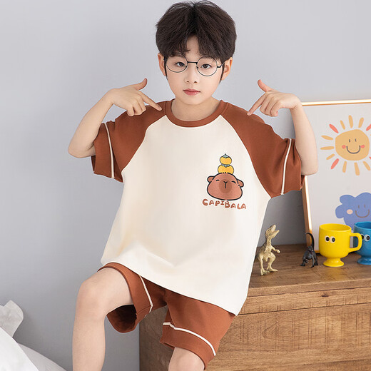 Modal children's pajamas boys summer 2025 new boy pure cotton short-sleeved cartoon medium-sized children's home clothes cotton set [Cotton] NT-691 165 S size Height 143-153 cm 65-85 Jin [Jin equals 0.5 kg]