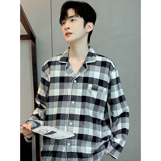 
Catman MiiOW grinding and woven pure cotton pajamas men's spring and autumn long-sleeved cardigan home clothes cotton autumn and winter plaid suit high-end 721 L 170 height 170-175 weight 120-140
