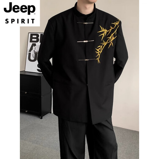 Jeep Spirit Neues chinesisches Männer Engagement Kleidung Set chinesischer Stand Halsband Zhongshan Kleidung Gold Bambus Sticker Jungenanzug Goldener Bambus schwarzer Anzug 3xl