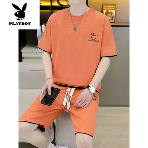 Playboy (PLAYBOY) high-end casual sports suit for men's summer shorts with breathable T-shirt for men's summer teenagers [Set] 6182 apricot color 3XL (recommended 175-195Jin [Jin equals 0.5 kg])