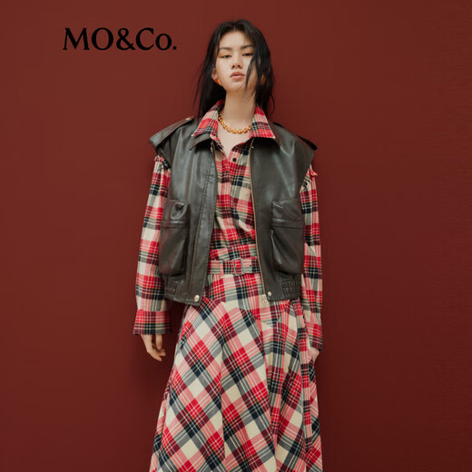 MO&Co.2024 new autumn Scottish plaid tassel raw edge loose thick cotton shirt