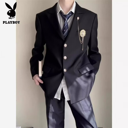 Playboy (PLAYBOY) campus style men's clothing boys dk suit uniform jacket jk school supply sense red suit student handsome class uniform suit black DK suit + white shirt blue tie + black trousers 2XL