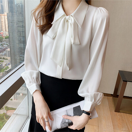 Bo Naling shirt white long sleeve chiffon bow women's professional wear formal white inner top interview suit shirt white bow shirt long sleeve M size