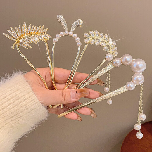 Painted hairpin hairpin new retro design pearl hair ornament hairpin new Chinese style hairpin on the back of the head 7# gold rhinestone U-shaped