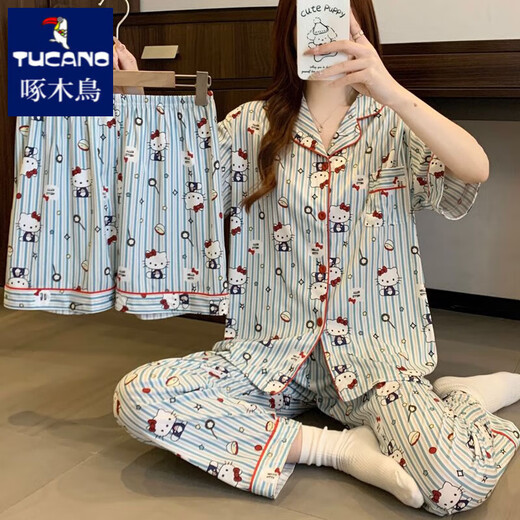 
Woodpecker KT cat pajamas for women in summer short-sleeved pure cotton three-piece set 2025 new cartoon cute student home clothes #FS-three-piece set 14137 M [75-95Jin[Jin equals 0.5 kg]]