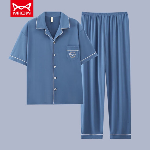 Catman (Miiow) Herren-Pyjamas Sommer reines Baumwoll-Kurzärmel-Hosen Frühling dünne Strickjäe Teenager Großgröße Lose Home Clothing Set G3881 Blau (kurzärmelig) l [Empfohlen 100-120 Jin [Jin gleich 0,5 kg]]