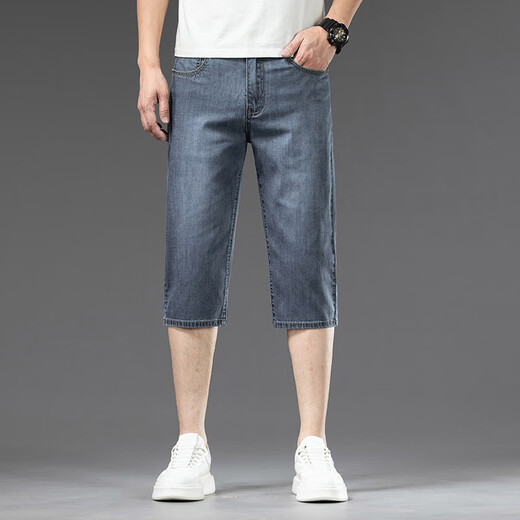 Playboy ice silk seven-point denim shorts for men's trendy brand slim straight mid-tie 2025 summer thin casual and versatile men's pants 757# Ice sand blue 30 [waist circumference 2 feet 3 recommended 110~120Jin [Jin equals 0.5 kg] wear]