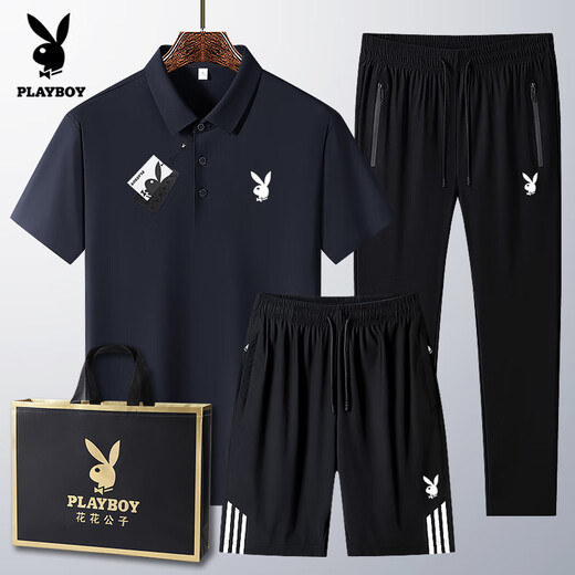 花花公子（PLAYBOY）爸爸夏装冰丝短袖t恤男士中老年休闲运动套装40-60岁衣服 6630款-铁灰【3件套】 M (穿95-110斤)