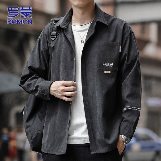罗蒙（ROMON）长袖衬衫男春秋季潮流休闲外套男士宽松衬衣男装 黑色 XL
