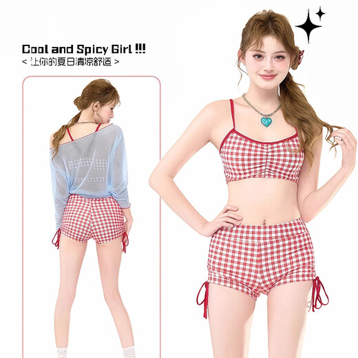 Bangbo swimsuit women's high-end long-sleeved body-covering swimsuit swimsuit split vacation autumn and winter swimsuit hot spring swimsuit red plaid blue cover-up swimsuit 70-120Jin Jin equals 0.5 kg